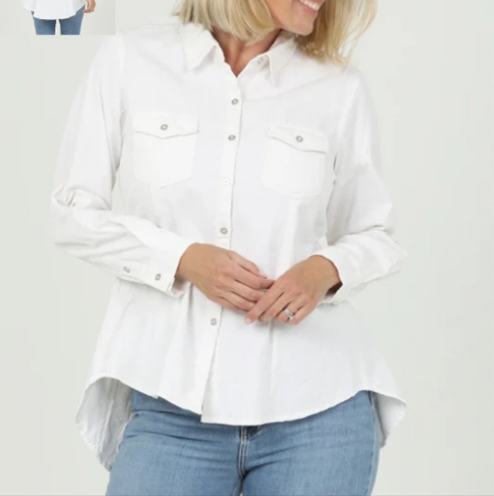 Boho Embroidered Top Floral Denim Women White SzL‎ High-Low - Picture 4 of 15